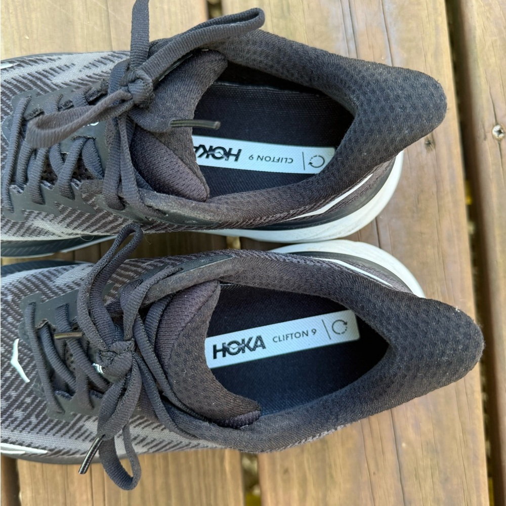 Hoka Clifton 9 Black and White Athletic Shoes - Picture 5 of 10
